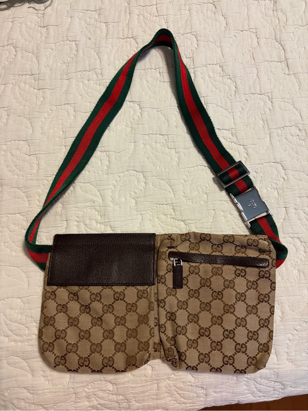 Gucci Brown GG Canvas Double Pouch Crossbody with Green-Red Web Strap